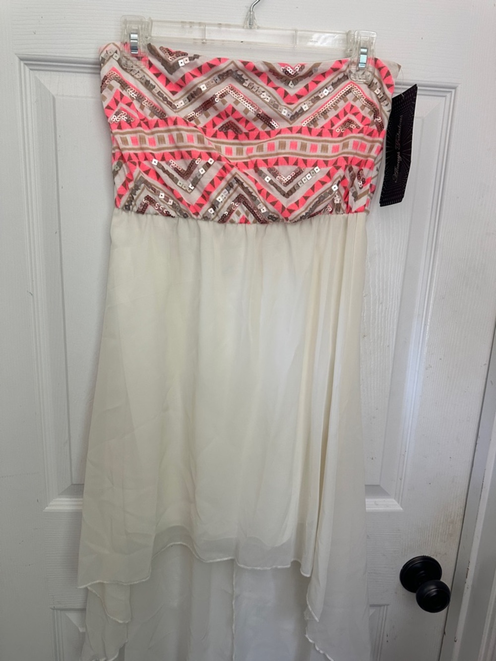 Almost Famous Cream High-Low Dress with Pink and Brown Sequin Bodice